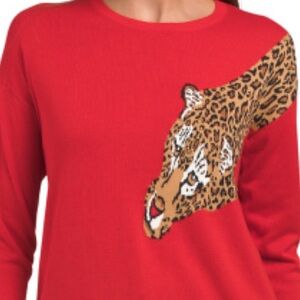 beachlunchlounge Red Crew Neck Sweater with Cheetah Print Pullover Size S NWTS